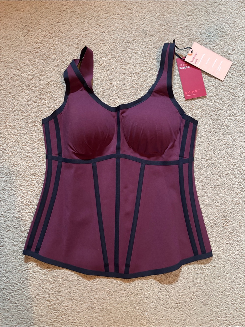 Honeylove Burgundy Longline Shaping Bra Top with Black Trim